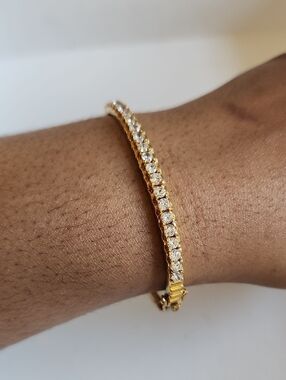 Gold Tone Tennis Bracelet Clear Stones Classic OS
